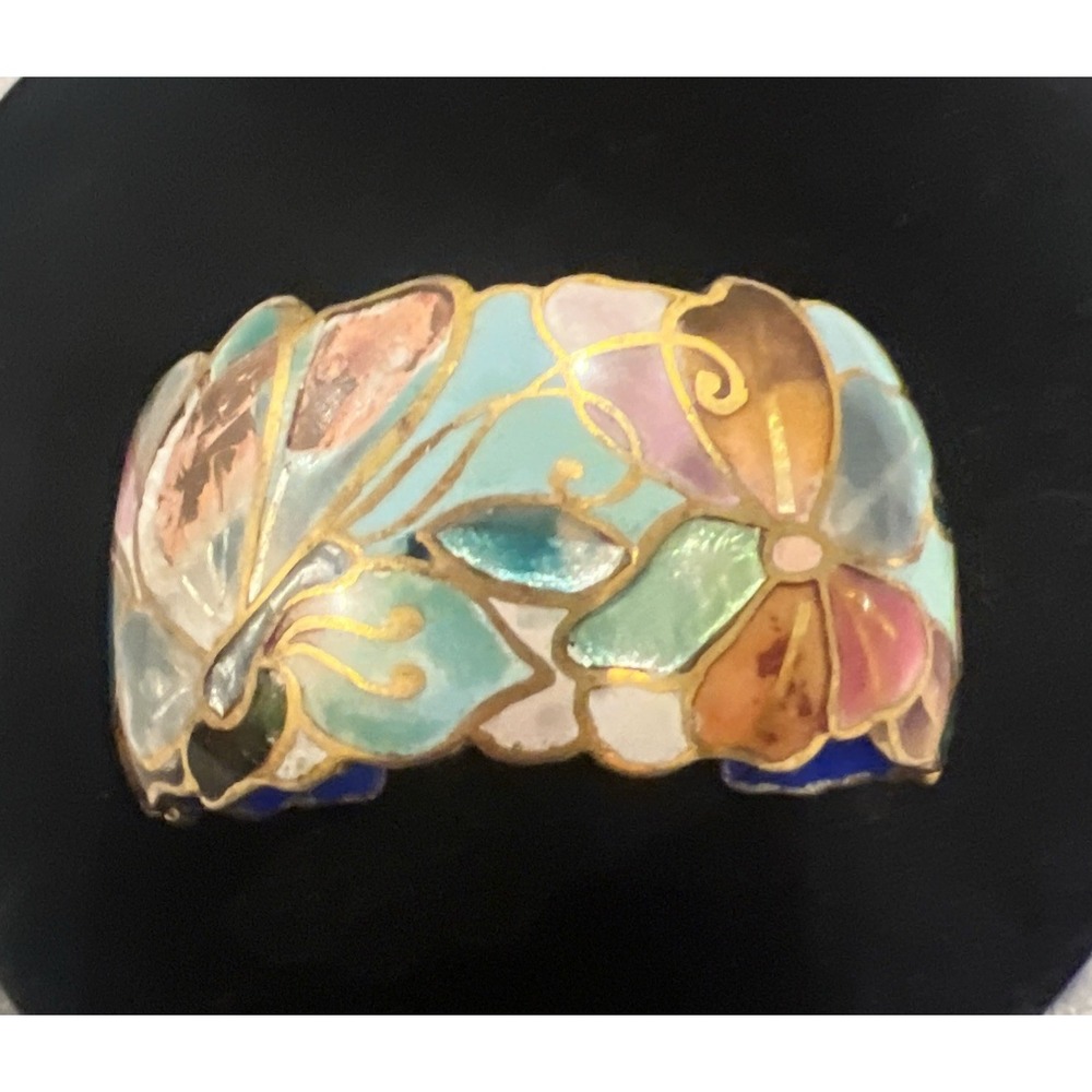 David Kuo Cuff Bracelet Champleve Butterfly Enamel Pastel Signed OS Vintage EUC